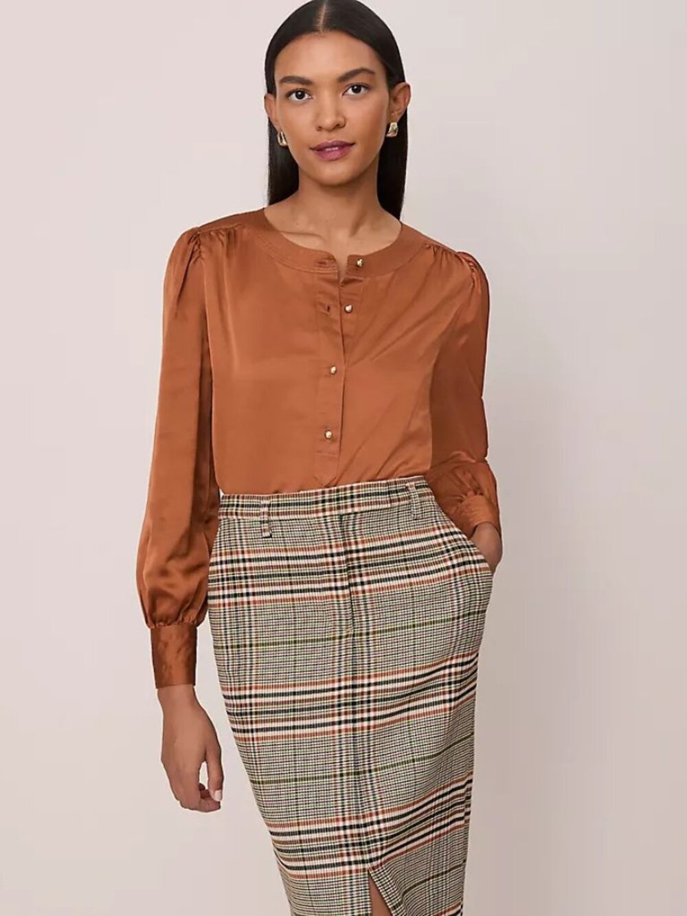 Ann Taylor Satin Henley Blouse in Copper Brown
